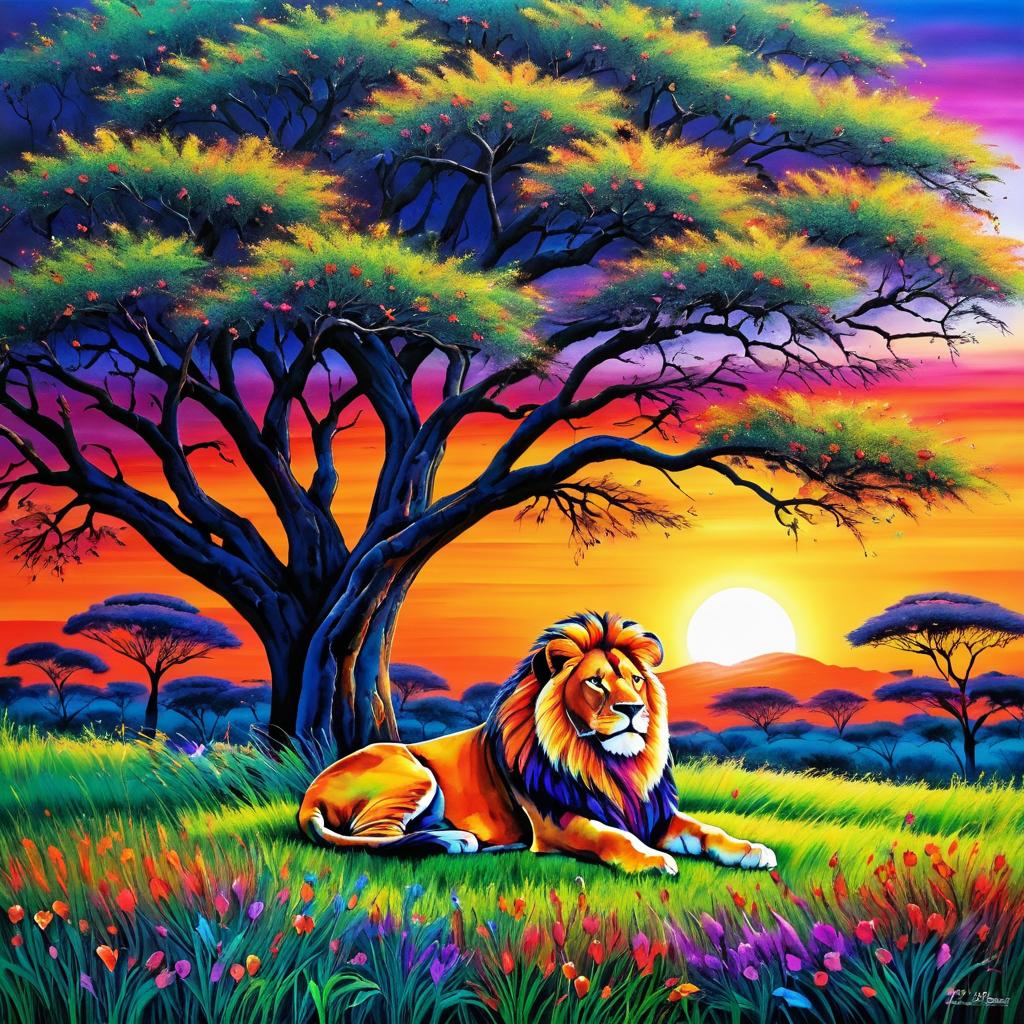 Proud Lion in a Colorful Savannah Scene