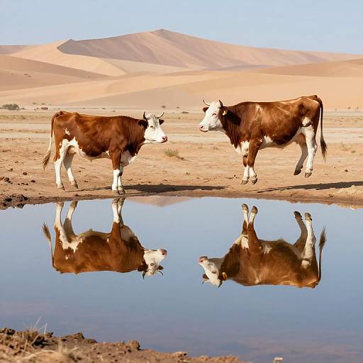 Photograph of two brown-and-white cows standing by a reflective waterhole in a sandy desert with rolling sand dunes in the background.