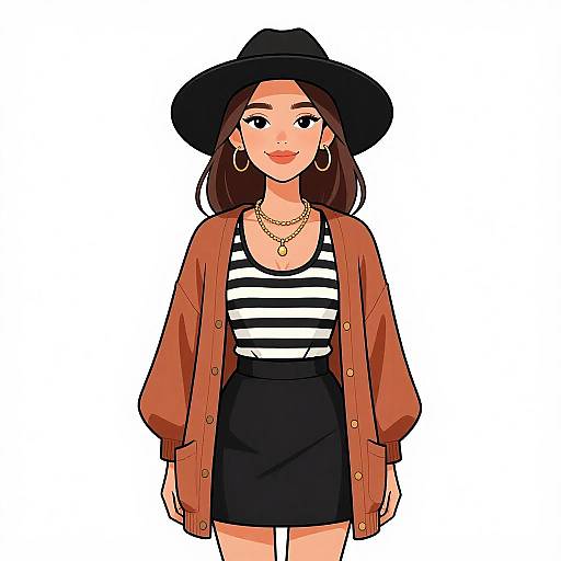 Digital illustration of a stylish woman in a black hat, striped tank top, red cardigan, black skirt, and gold jewelry.