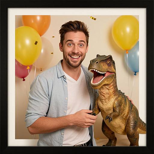 Photograph of a smiling, bearded man in a light blue shirt, holding a realistic dinosaur toy, with yellow and orange balloons in the background.