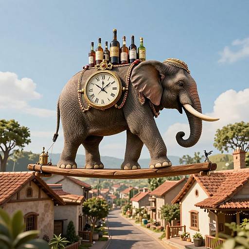 Digital artwork of a clock-wearing, wine-bottle-carrying elephant balancing on a bamboo pole above a quaint, sunlit village street.