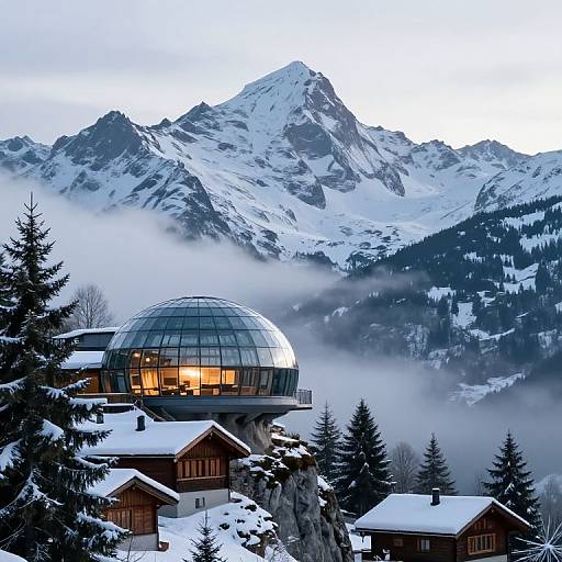 Photograph of a snow-covered mountain village with a glass dome building illuminated at dusk, surrounded by pine trees and fog.