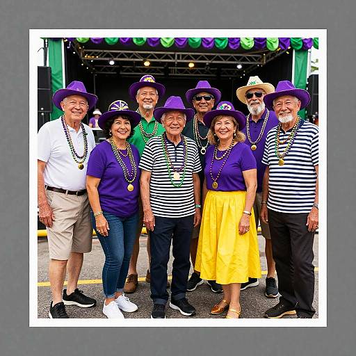 Photograph of a cheerful group of nine elderly people wearing purple hats, striped shirts, and yellow skirts, smiling together outdoors.