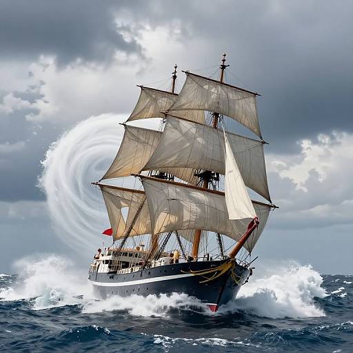 Sailing Ship in Towering Whirlpool Wave