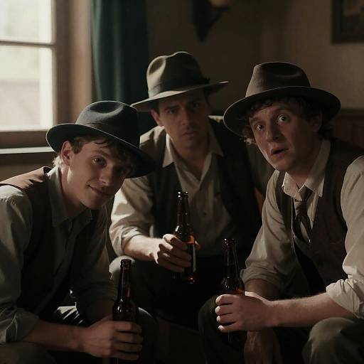 Three men in vintage attire drinking beer