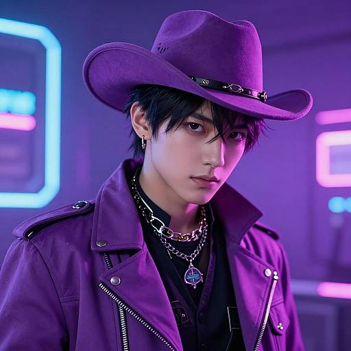 Photorealistic digital portrait of an Asian man with short black hair, wearing a purple cowboy hat, leather jacket, and multiple necklaces, illuminated by