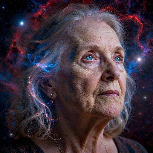 Photograph of elderly woman with blue eyes, white hair, and deep wrinkles, surrounded by vibrant red and blue cosmic nebula against dark space background.
