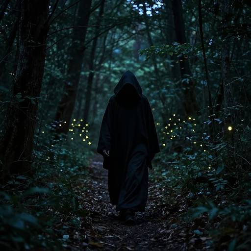Mysterious figure in dark hooded cloak walks through enchanted forest at dusk, surrounded by glowing fireflies, creating a magical, eerie atmosphere. Photograph.