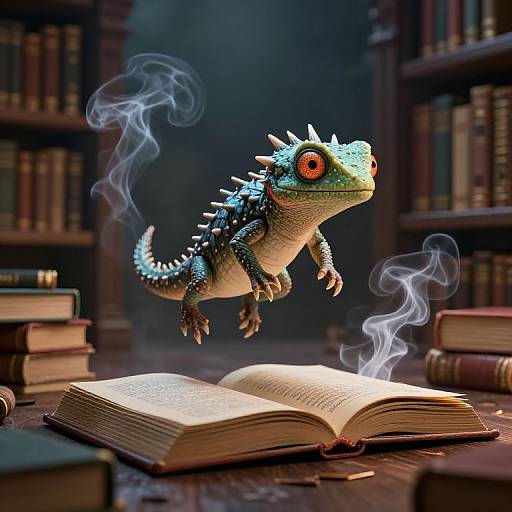 Digital artwork of a blue, spiky, smoking lizard with large red eyes hovering over an open, magical book in a dimly lit, book-filled