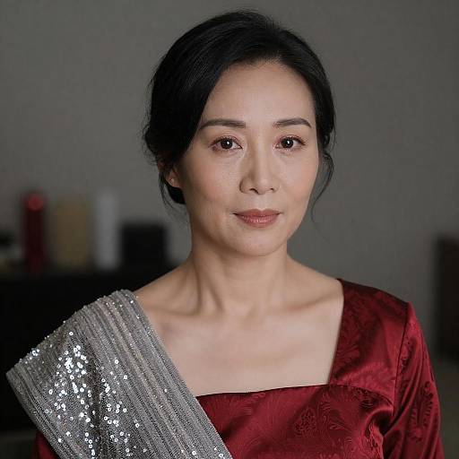 Elegant Asian Woman in Red Silk Dress