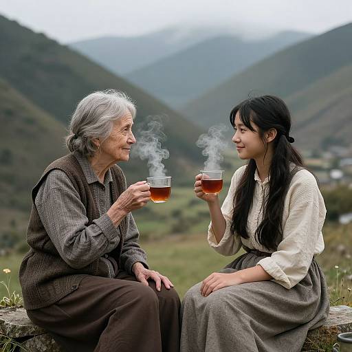 Photograph of elderly woman with gray hair and younger woman with black hair, sitting outdoors on a stone, sharing steaming tea, mountainous background.