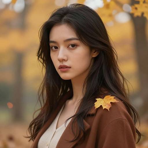 Photograph of an East Asian woman with long black hair, wearing a brown cardigan and white top, standing in an autumn forest with yellow leaves.