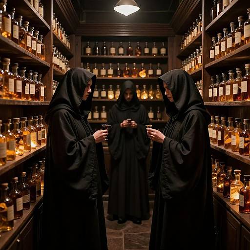 Photograph of three robed figures in a dimly lit, wooden-shelved liquor store, surrounded by amber-lit bottles, with one figure