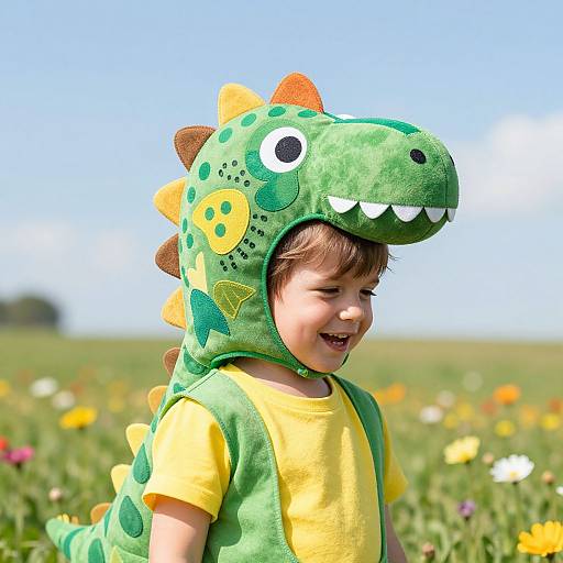 Photograph of a smiling toddler in a green dinosaur onesie with orange spikes, yellow shirt, standing in a sunny field of colorful flowers.