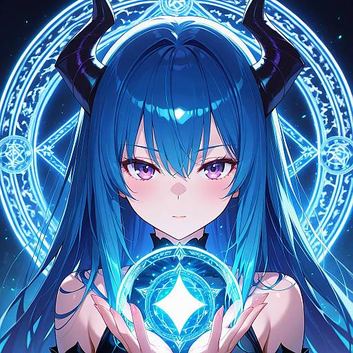 Glowing Horned Blue-Haired Demon Girl Wallpaper