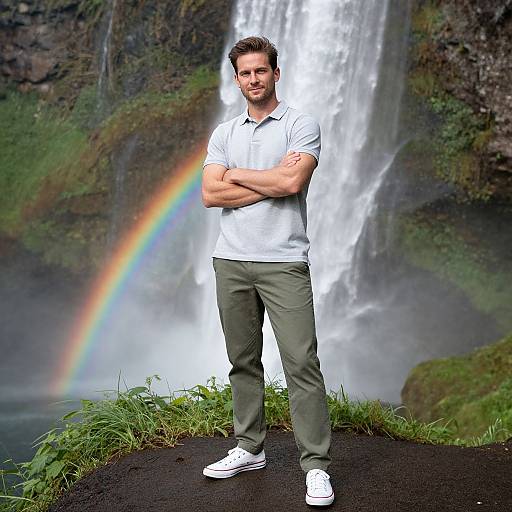 Photograph of a muscular, bearded man with short brown hair, wearing a white polo shirt, green pants, and white sneakers, standing with arms