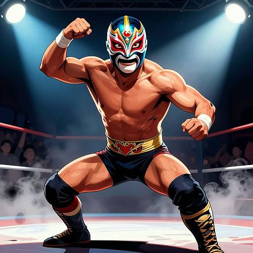 Muscular wrestler in colorful mask, black trunks, and boots, flexing in a brightly lit ring with steam and an audience. Dynamic, comic