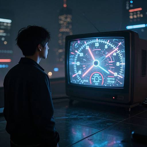 Neon-lit cityscape photo: Silhouetted man with spiky hair, black jacket, stares at a glowing, retro-style speedometer