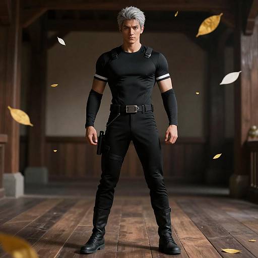 Silver-Haired Warrior on Wooden Floor