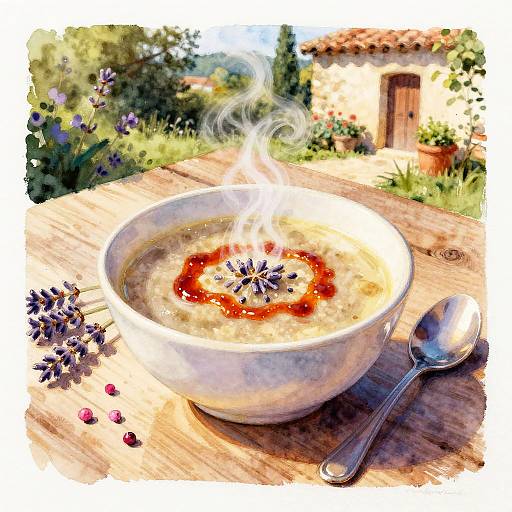 Digital painting of a steaming bowl of soup with lavender petals and chili pepper sauce, on a wooden table, with a spoon and rustic house in the