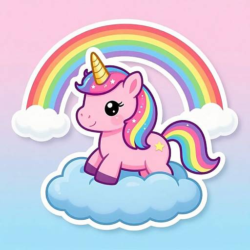 Cute pink unicorn with rainbow mane and yellow horn, sitting on blue cloud, under colorful rainbow, digital cartoon style.