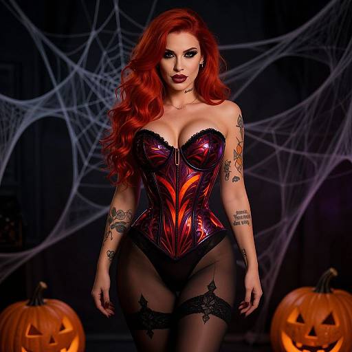 Photograph of a red-haired woman with tattoos, wearing a red and black corset, black lace stockings, and spider web background, standing in front