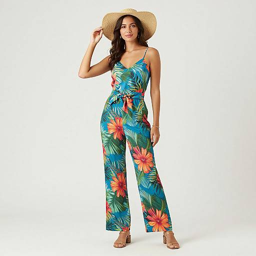 Photograph of a smiling woman in a colorful tropical print romper, straw hat, and sandals, standing against a plain white background.