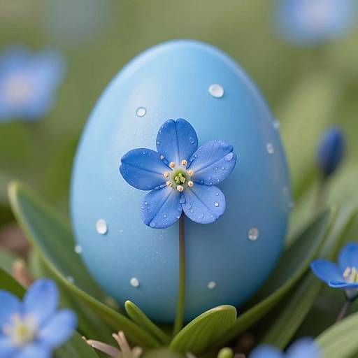 Photograph of a blue egg with dew drops, adorned by a blue flower with water droplets, surrounded by green leaves and blurred blue flowers in a