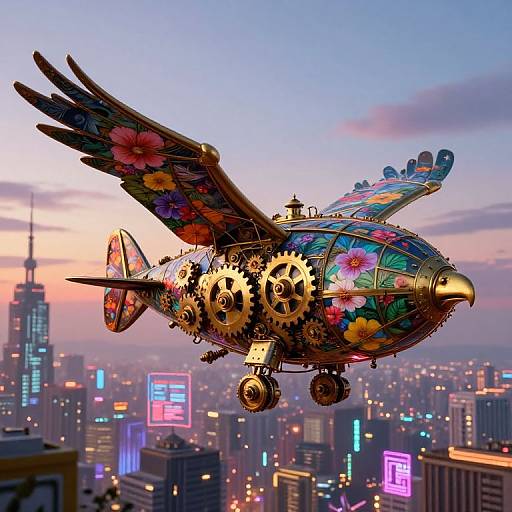 Whimsical Brass Airship Over Cyber City