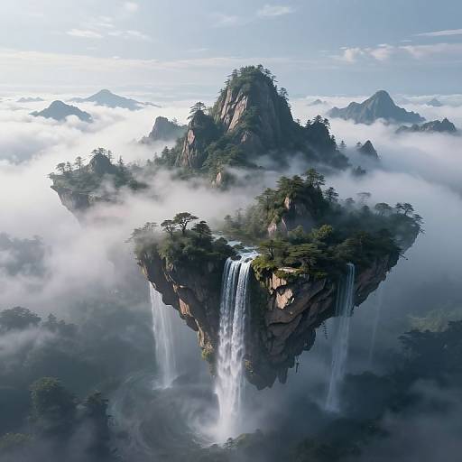 Photorealistic digital artwork of a floating island with a waterfall, surrounded by misty clouds, lush greenery, and jagged peaks.
