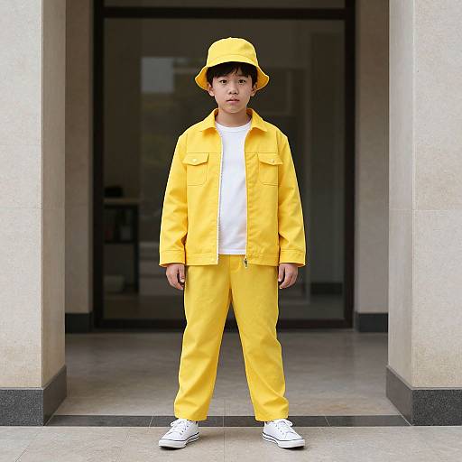 Photograph of a young Asian boy in a yellow bucket hat, jacket, pants, white shirt, and white sneakers, standing in front of a building