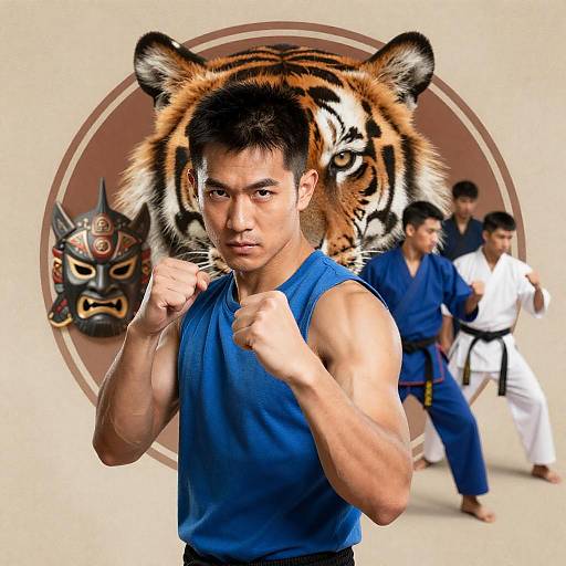 Intense Warrior Pose with Tiger Background