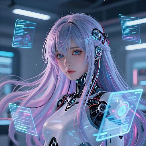 Digital art of a futuristic, cybernetic woman with long, white-purple hair, blue eyes, and glowing holographic interfaces floating around her. She