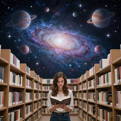 Photograph of a young woman with wavy brown hair reading a book in a library aisle, with a cosmic galaxy and planets backdrop.