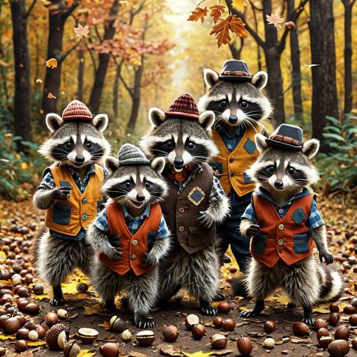 Mischievous Raccoons in Autumn Forest