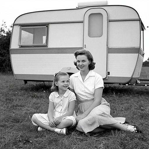 Black-and-white photograph of a smiling 1950s-style mother and daughter sitting on grass in front of a vintage trailer. Both wear white dresses with