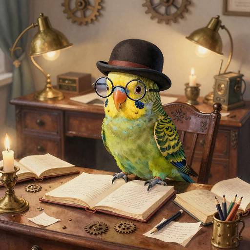 Photograph of a colorful parakeet wearing a black bowler hat and round glasses, perched on a vintage wooden desk with lit candles, open