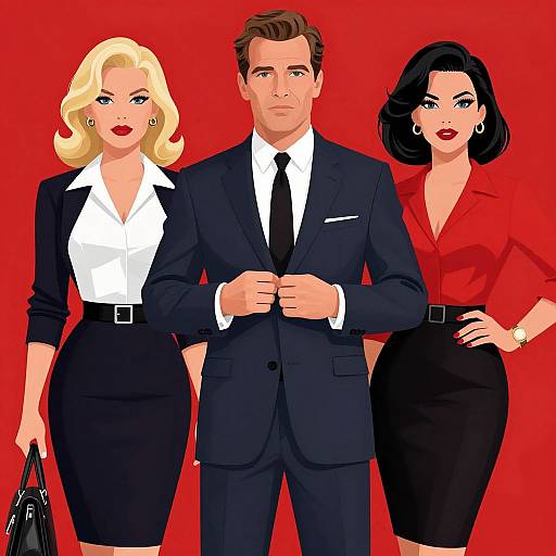 Digital illustration of three people: a blonde woman in a black suit, a man in a black suit, and a black-haired woman in a red blouse