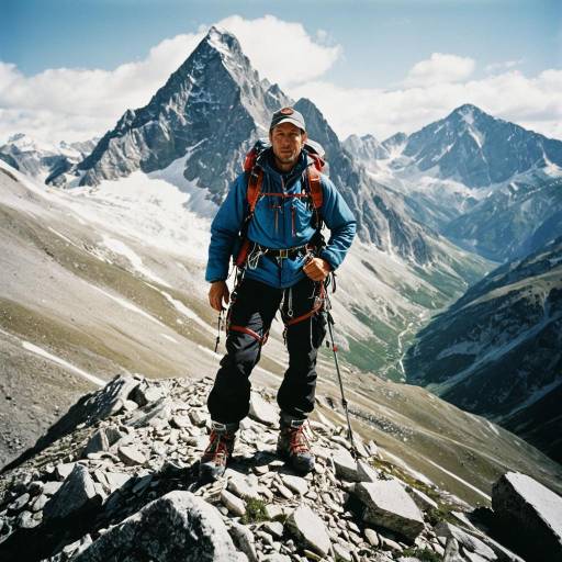 Mountaineer on Rocky Peak in Snowy Mountain Range
