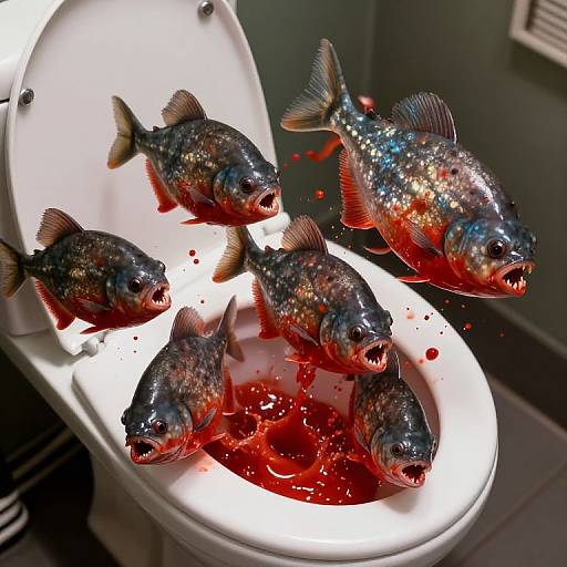 Photograph of five colorful, blood-splattered fish floating in a white toilet bowl filled with red liquid, against a dark background.