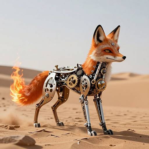 Digital artwork of a robotic fox with gears, metal limbs, and a fiery tail, standing in a sandy desert under a clear sky.