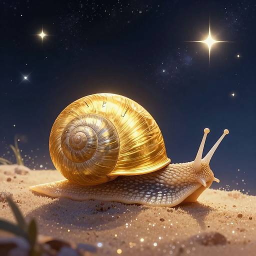 Photograph of a glowing golden snail with spiraled shell, starlit night sky, and sparkling sand under bright starlight.
