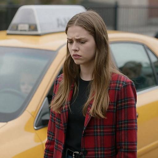 Young Woman Beside Yellow Taxi Snapshot
