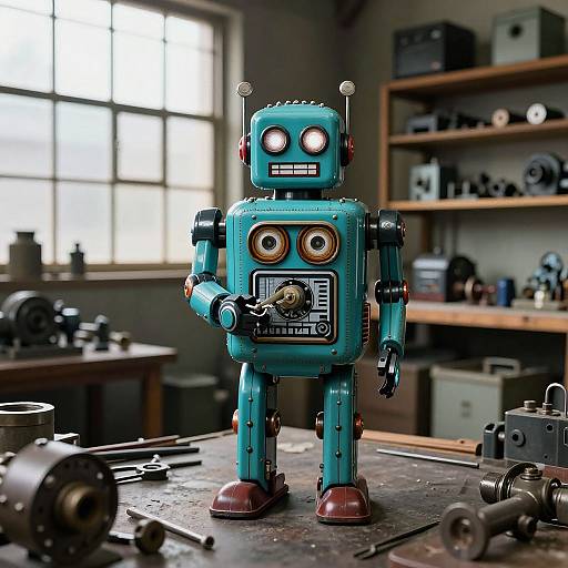 Photograph of a turquoise, retro-style robot with large round eyes and antennae, standing on a workshop table surrounded by tools and machinery. Bright window