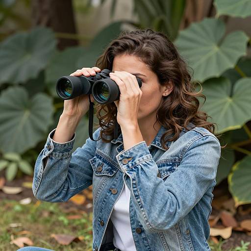 Woman Using Binoculars in Garden