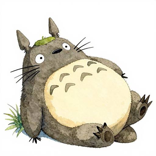 Watercolor illustration of Totoro, a gray, round, cat-like creature with a cream belly, sitting with a surprised expression, small green leaf