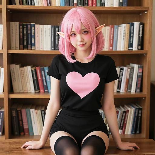 Cosplay Girl with Pink Hair and Elf Ears Sitting Indoors