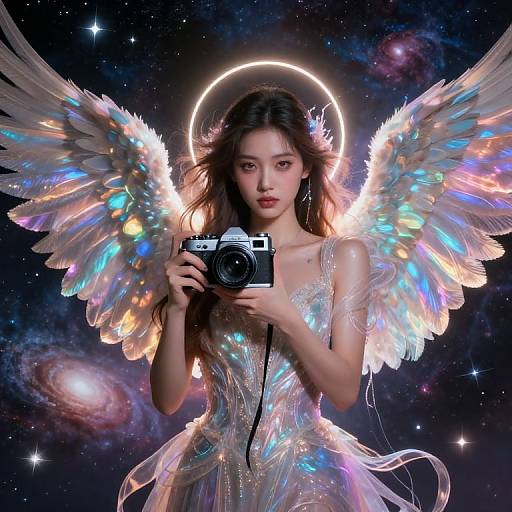 Digital artwork of an ethereal Asian woman with iridescent wings, halo, and space background, holding a camera, wearing a shimmering dress.