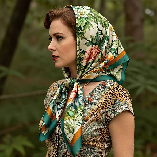 Photograph of a woman with fair skin, brown hair, wearing a floral headscarf and leopard-print dress, standing in a forest.