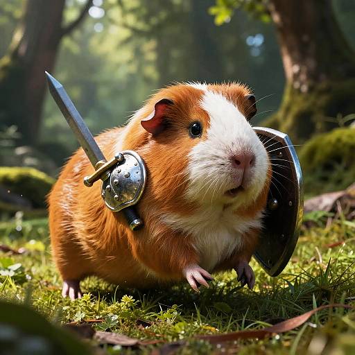 Photorealistic CGI of a brown and white hamster in a forest, wielding a sword in one paw and a shield in the other.